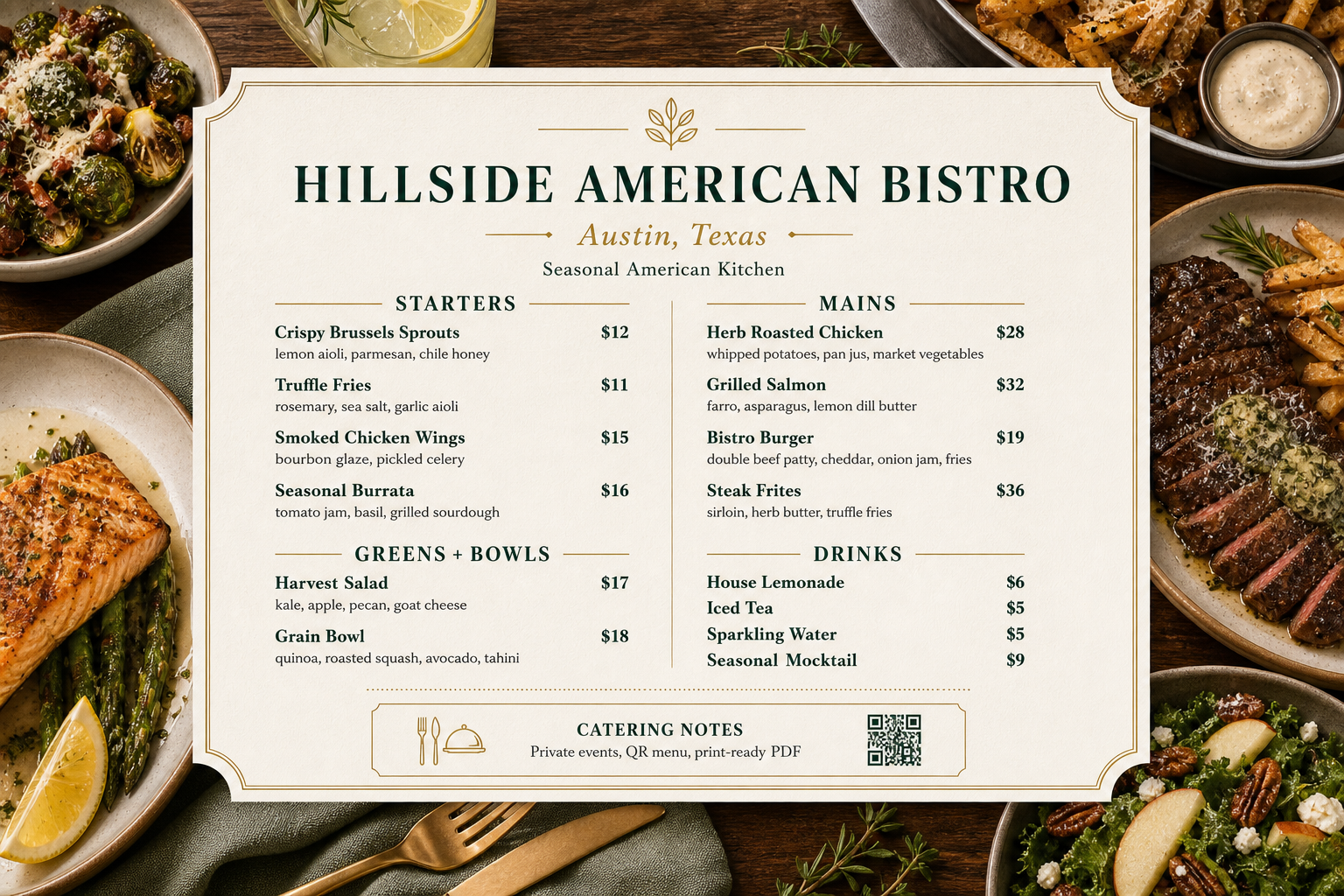 Print-ready American bistro menu example with starters, mains, drinks, and catering notes