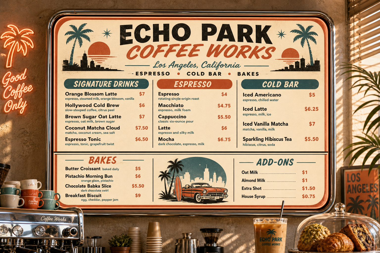 Print-ready specialty coffee shop menu example with espresso, cold bar, bakes, and add-ons