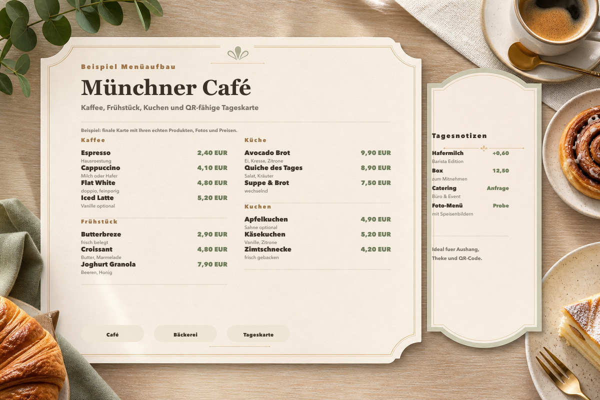 Druckfertiges Münchner Café-Menü mit Kaffee, Frühstück, Kuchen und Tagesnotizen