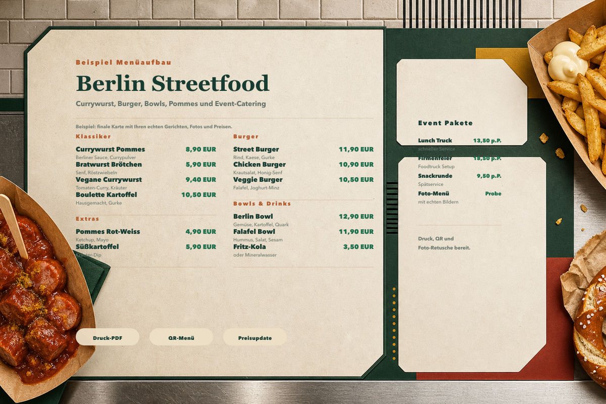 Druckfertiges Berliner Streetfood-Menü mit Currywurst, Burgern, Bowls und Event-Paketen