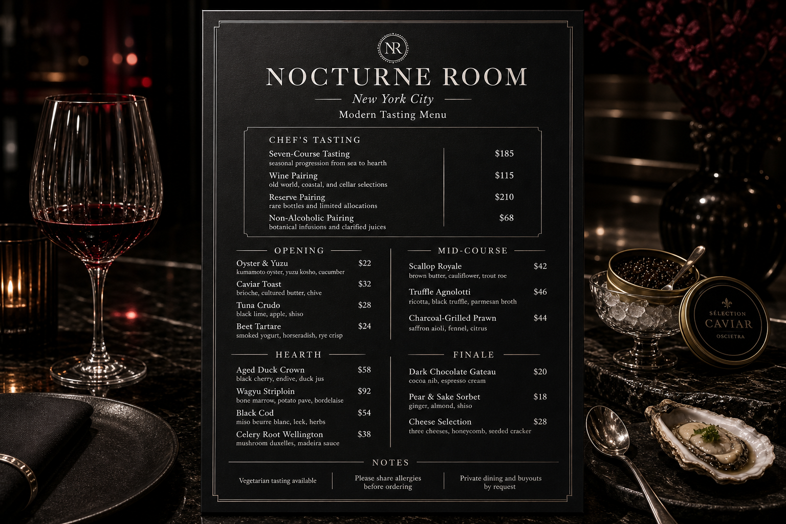 Hochwertiges saisonales Menü mit Tasting, Vorspeisen, Hauptgängen, Dessert und Servicehinweisen