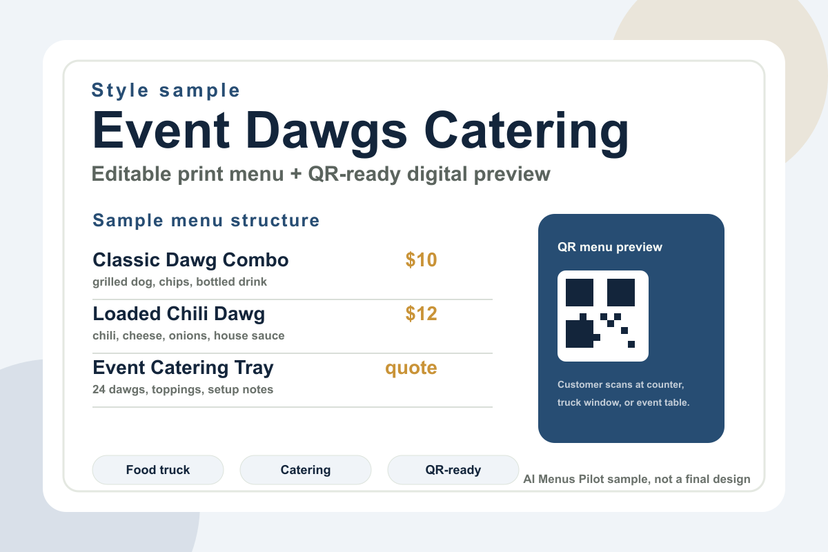 Sample event catering menu preview for hot dog and food truck service