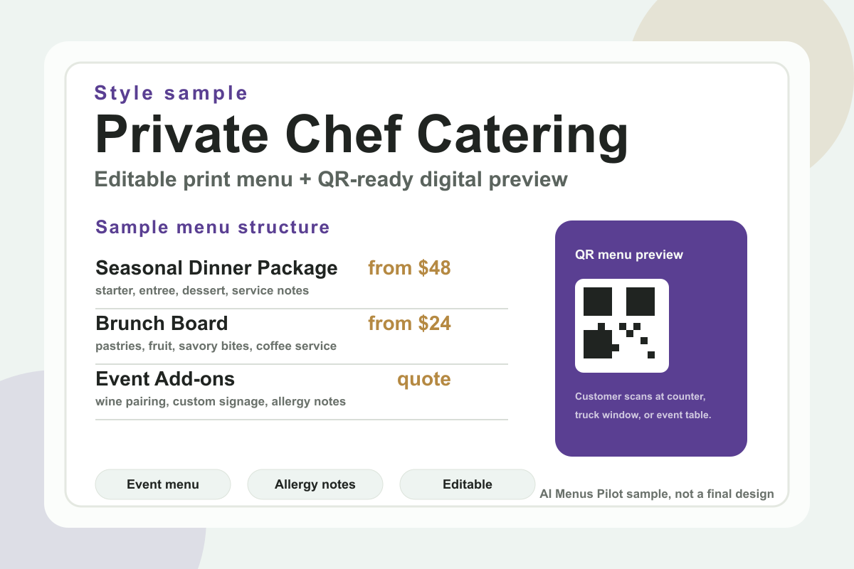 Sample private chef catering menu preview with event packages