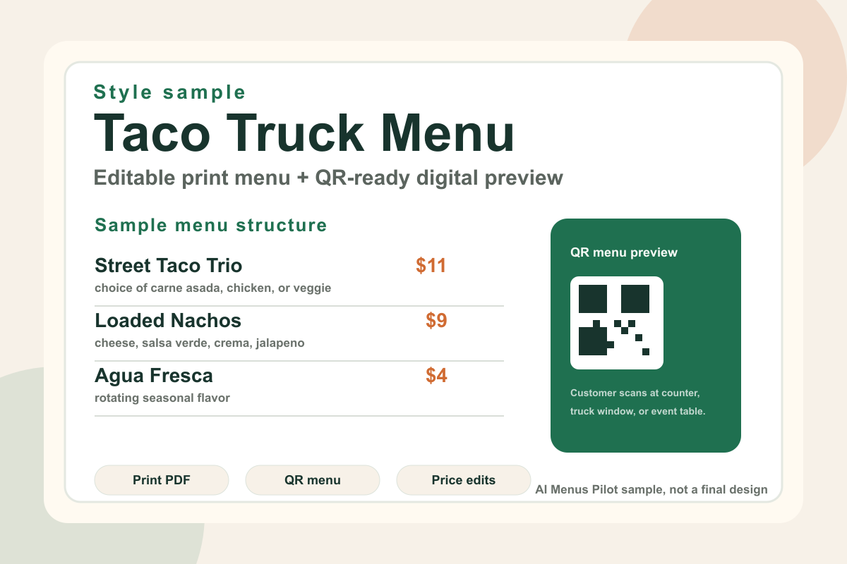 Sample taco truck menu preview with editable print and QR menu direction